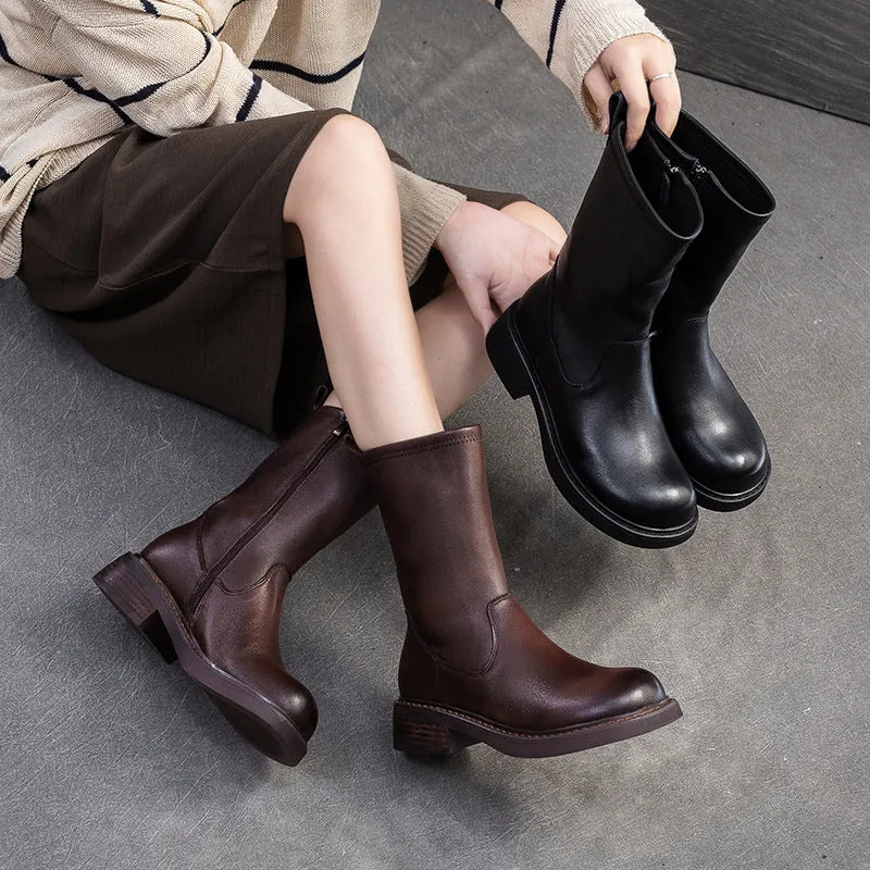 Snip Toe Cowboy Boots Women Solid Leather Retro Mid-Calf Casual Boots