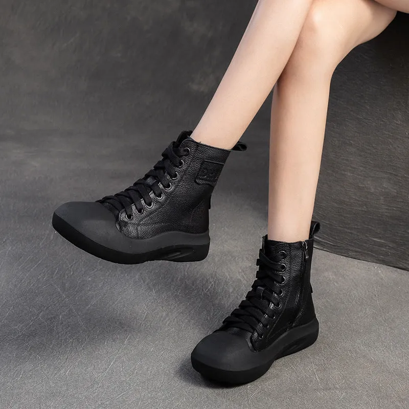 Women Vintage Minimalism Solid Leahter Flat Casual Boots Dogs Boots