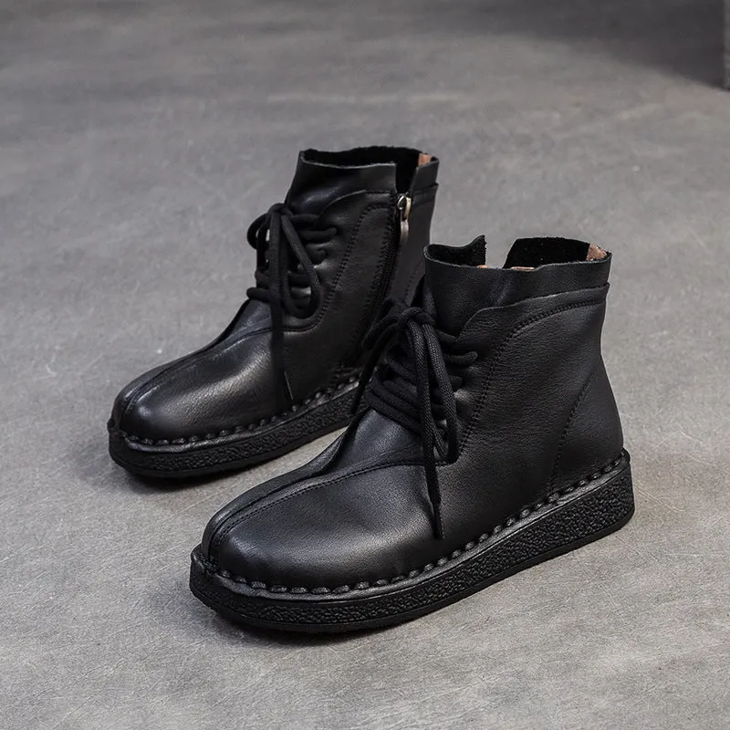 Women Vintage Solid Leather Flat Ankle Boots Minimalist Boots