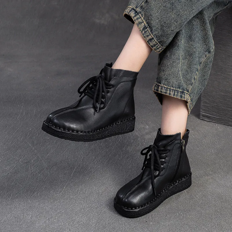Women Vintage Solid Leather Flat Ankle Boots Best Roofing Boots