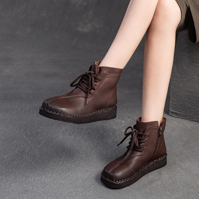 Boots For Slender Calves Women Vintage Solid Leather Flat Ankle Boots