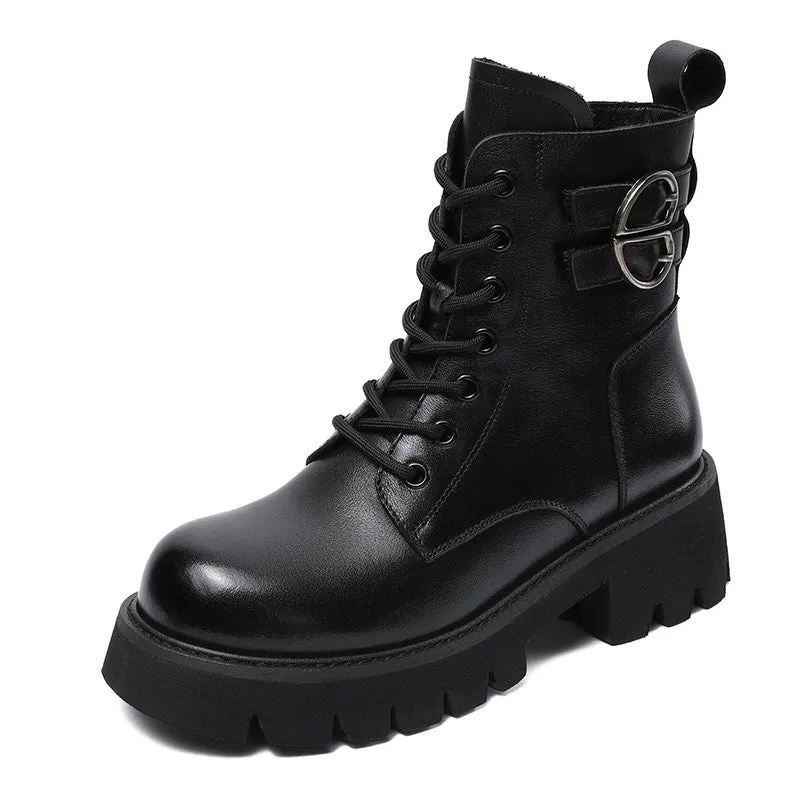 Women Vintage Solid Leather Low Block Buckle Boots Extra Wide Ankle Rain Boots