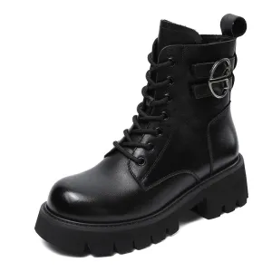 Women Vintage Solid Leather Low Block Buckle Boots Rain Work Boots