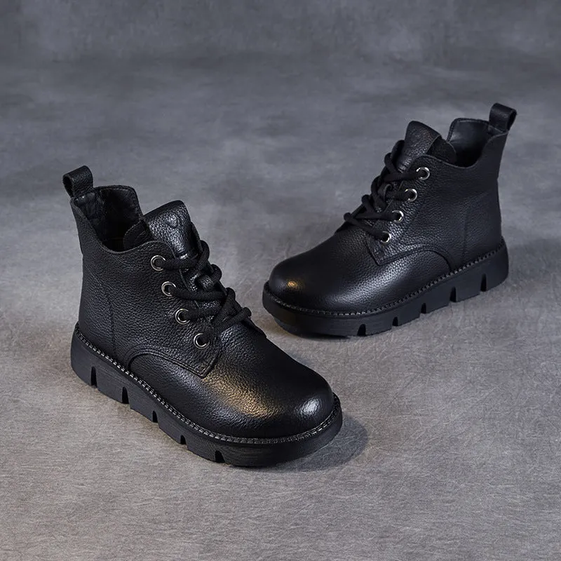 Women Vintage Solid Leather Soft Flat Ankle Boots Best Wide Foot Ski Boots