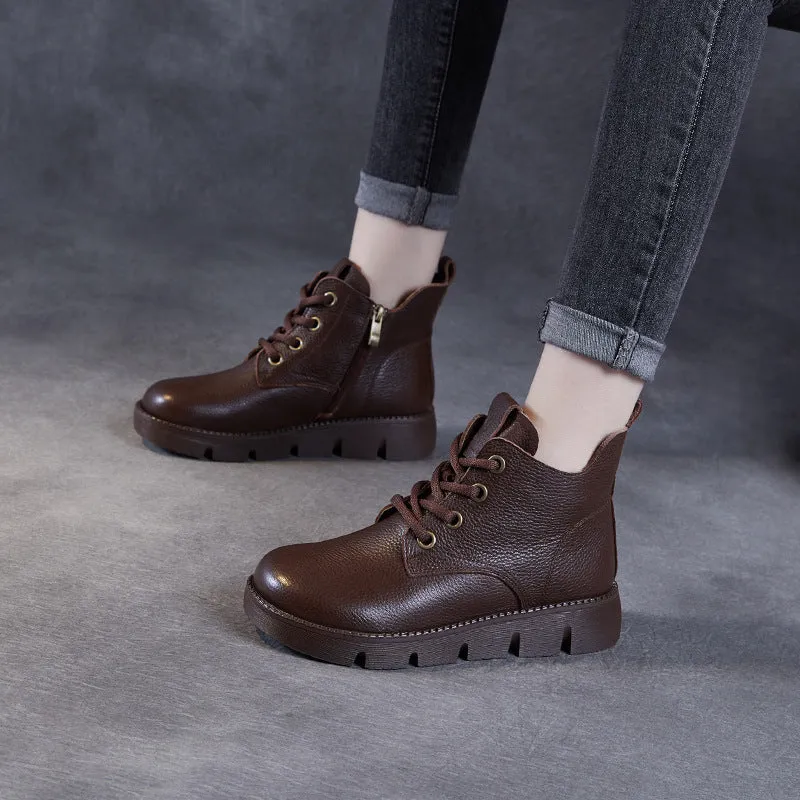 Women Vintage Solid Leather Soft Flat Ankle Boots Goulash Boots