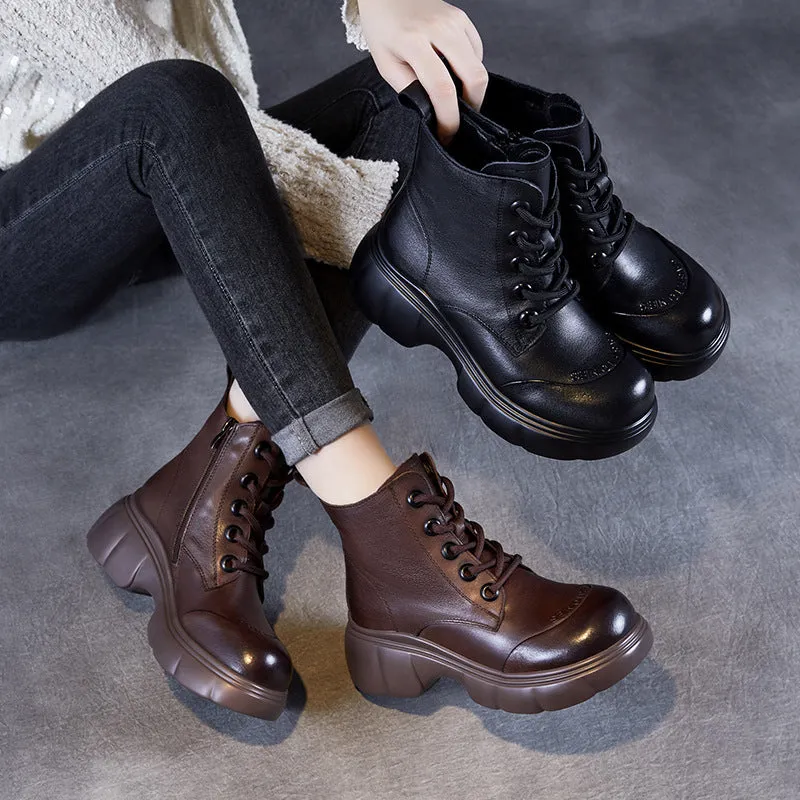 Women Vintage Solid Leather Thick Soled Ankle Boots Caulk Boots
