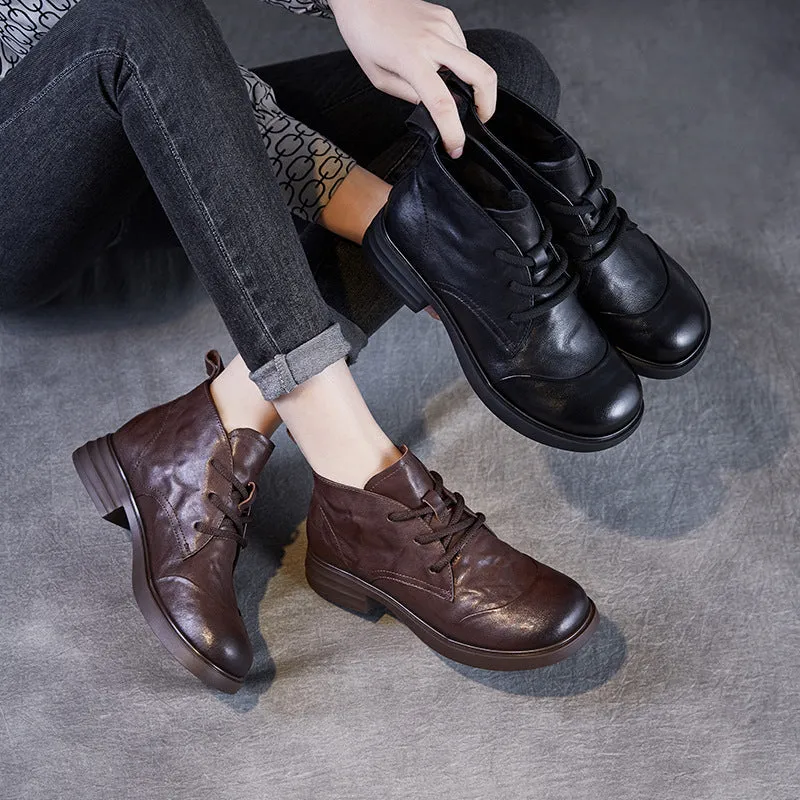 Clc Rain Boots Women Vintage Solid Soft Leather Lace-up Ankle Boots