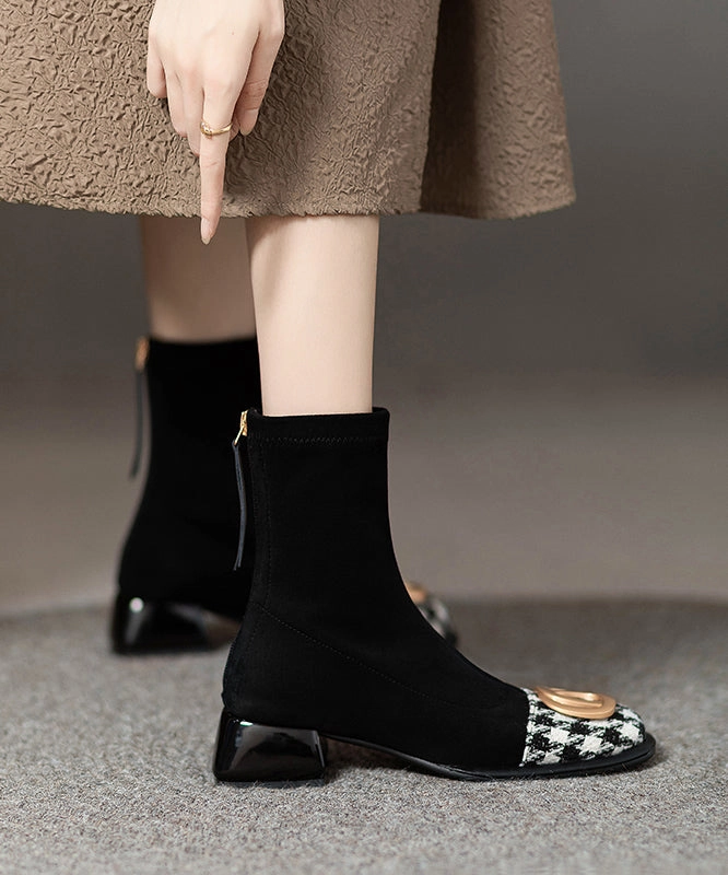 Matching Raincoat And Rain Boots Women Splicing Chunky Boots Black Suede Sequined OM012