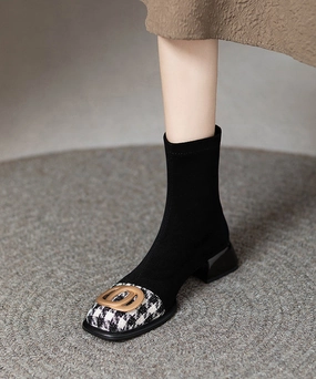 Women Splicing Chunky Boots Black Suede Sequined OM012 Childrens Insulated Rain Boots