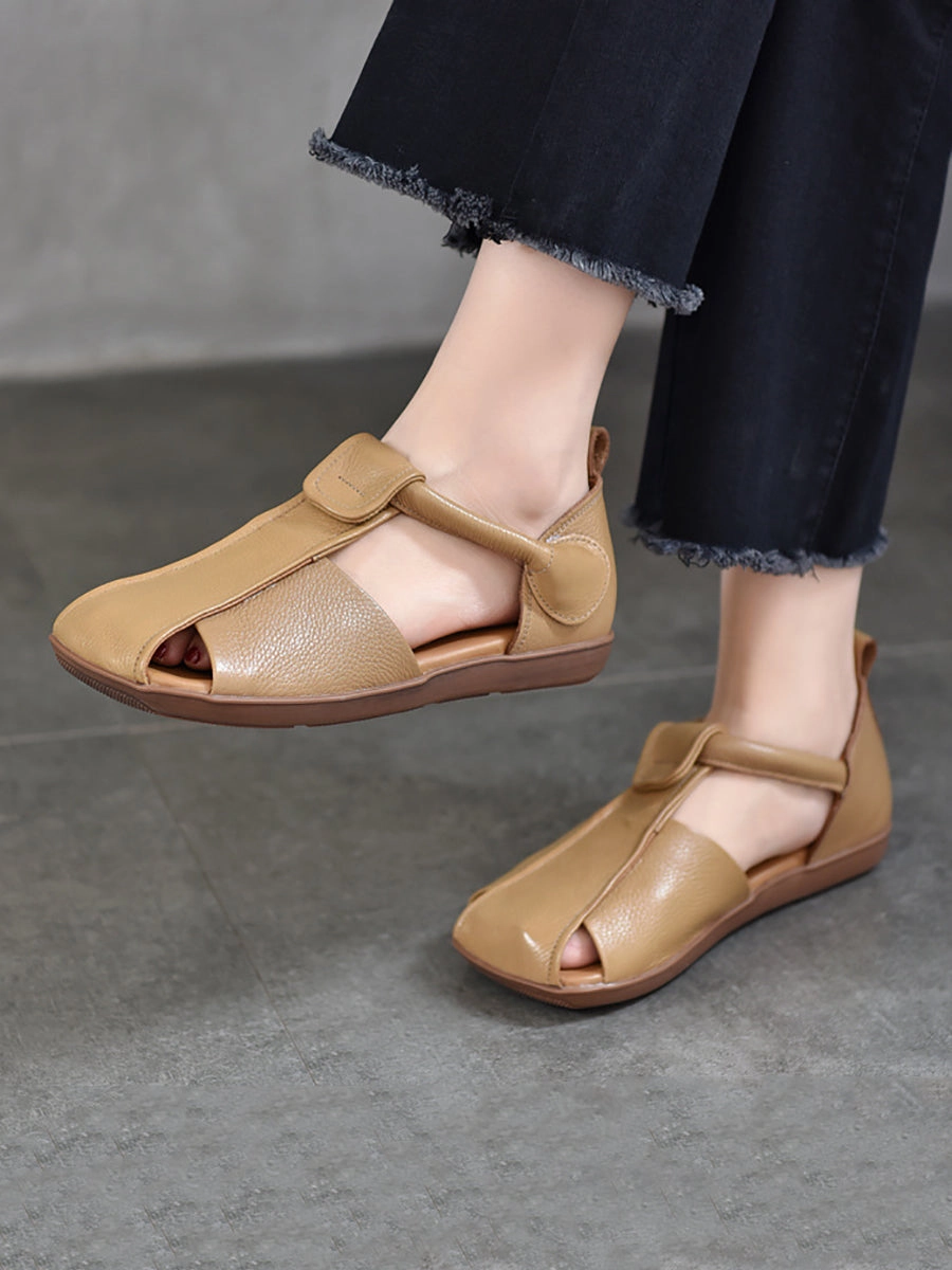 Women Summer Vintage Soft Leather Spliced Flat Sandals ZZ1027 Sandals On Heel